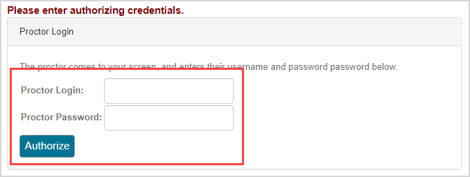 The Proctor login and password fields with the Authorizae button.